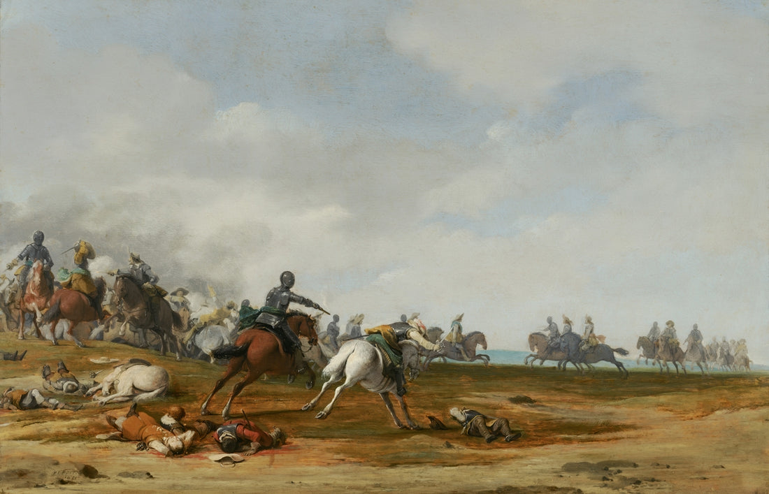 Cavalry battle scene with fallen soldiers and horses.